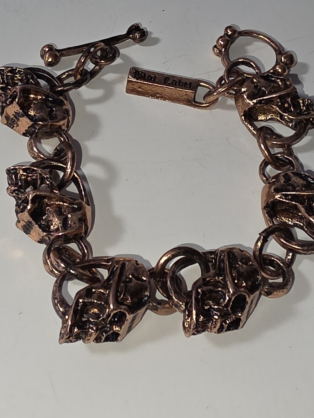 #2600, Signed Black Label skull bracelet, gothic skeleton, heavy metal Y2K. 8 in